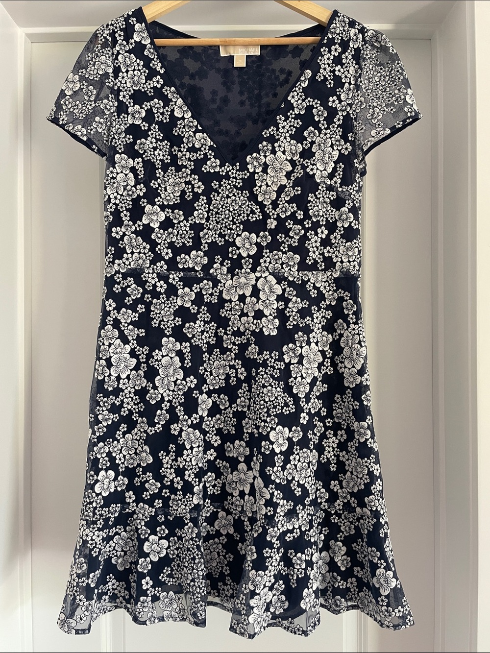 Michael Kors Navy Blue Floral V-Neck Mini Dress